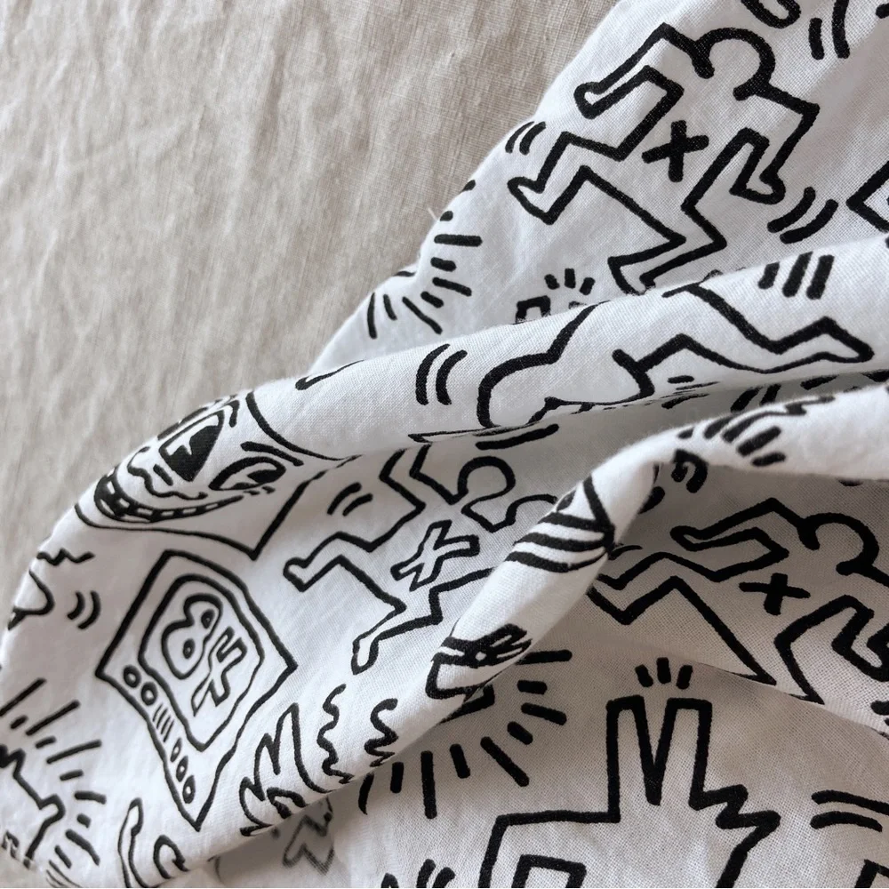 Keith Haring x HM printed white & black short sleeve button down shirt cotton - Picture 6 of 8